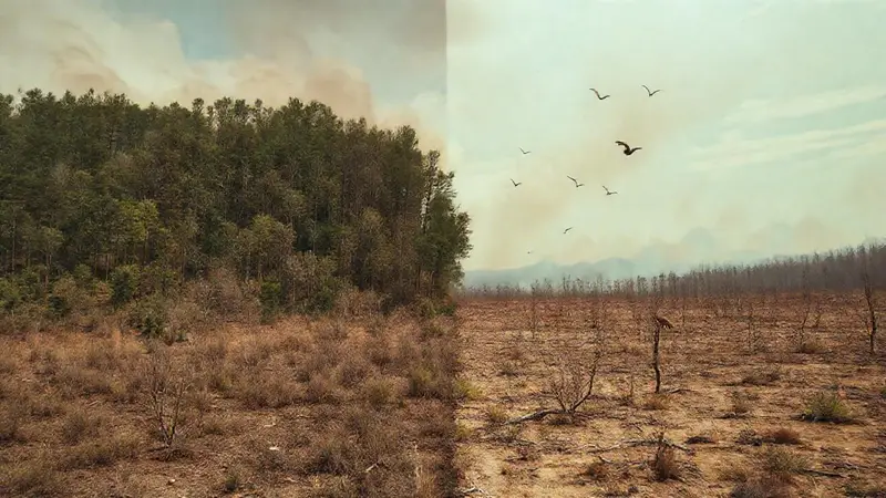 Paisaje desolado entre bosque y tierra árida