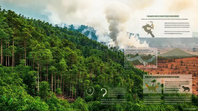 Bosque verde talado, humo, y fauna en peligro