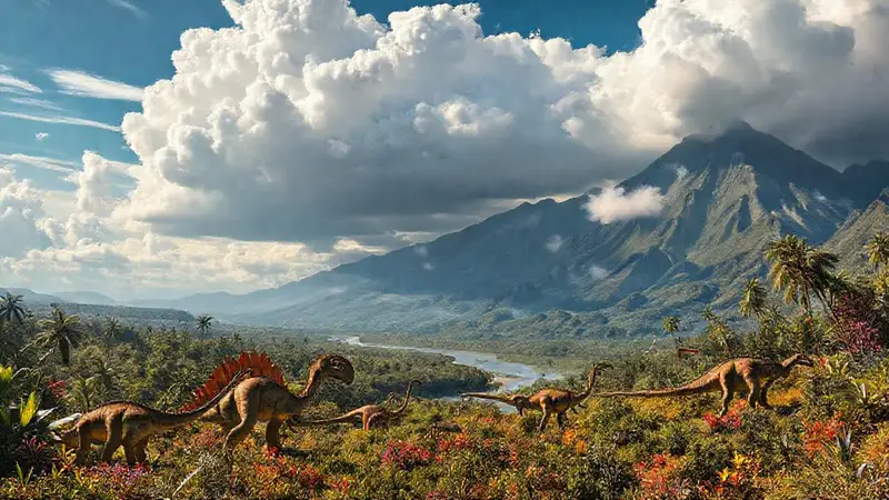 Dinosaurios en un paisaje Mesozoico vibrante