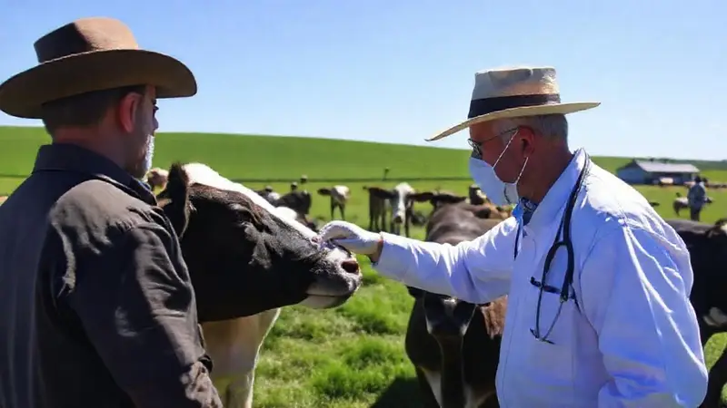 Veterinario examina ganado en un campo verde