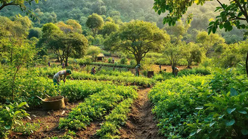 Paisaje agroforestal vibrante y sostenible con agricultores