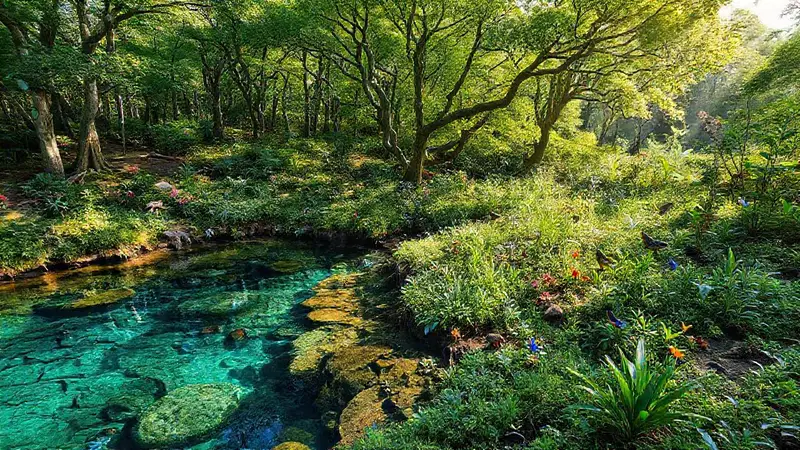 Ecosistema restaurado con naturaleza vibrante y saludable