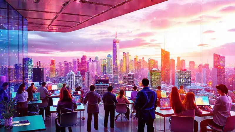 Ciudad moderna con tecnología y colaboración financiera