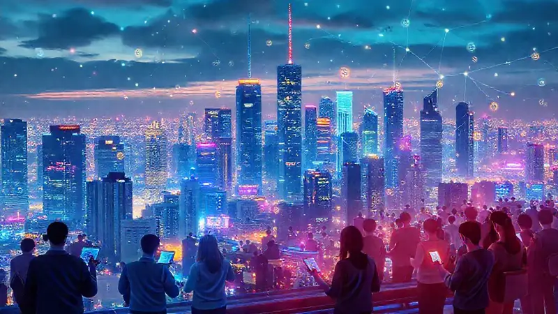 Ciudad futurista con tecnología financiera y diversidad