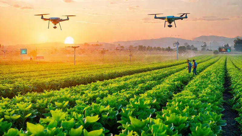 Futuro agrícola con tecnología y naturaleza armoniosa
