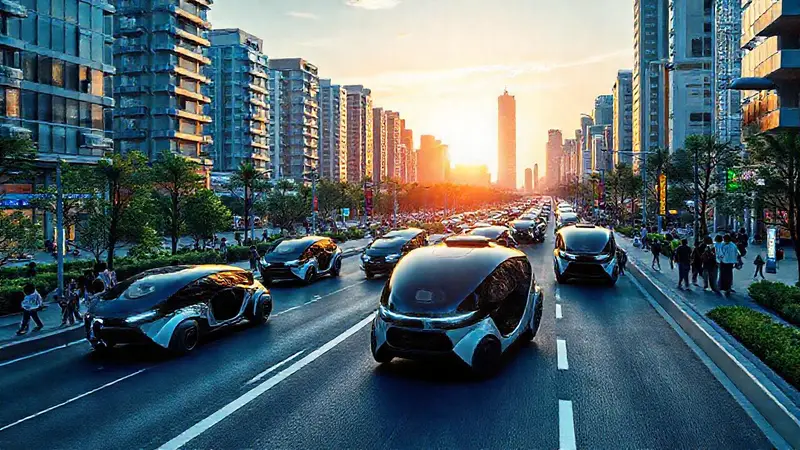 Vehículos autónomos futuristas en una ciudad vibrante