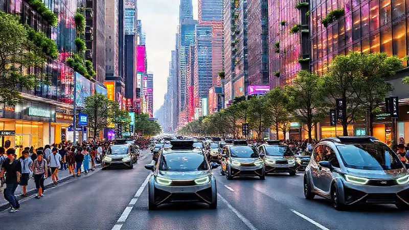 Calle urbana futurista con vehículos autónomos