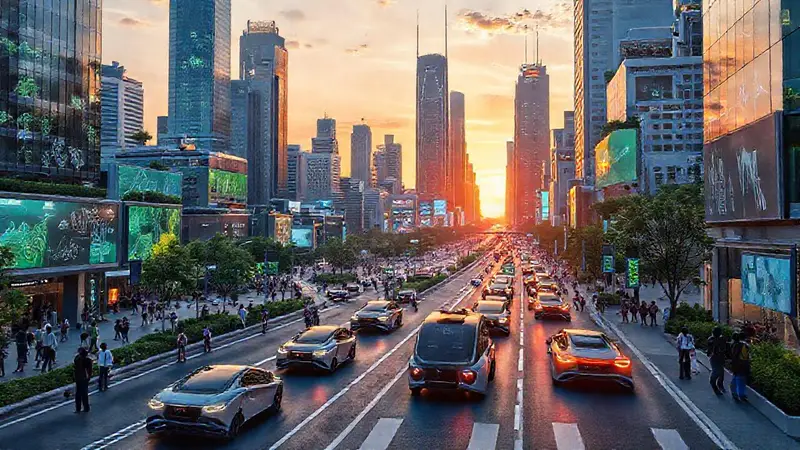 Ciudad futurista con vehículos autónomos y naturaleza