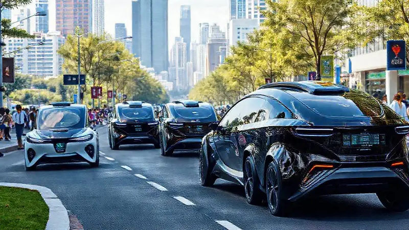 Vehículos autónomos futuristas en una ciudad vibrante