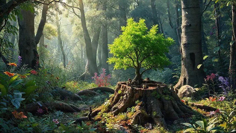 Bosque vibrante lleno de vida y resiliencia