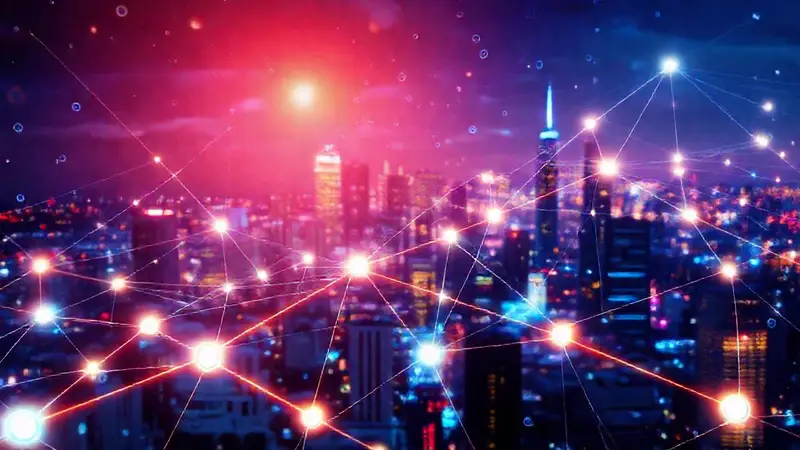 Red blockchain digital con símbolos financieros modernos