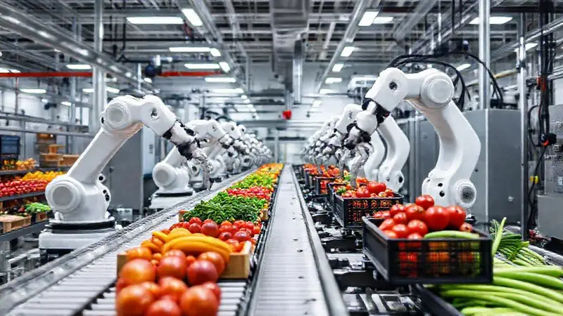 Planta de alimentos con brazos robóticos y automatización