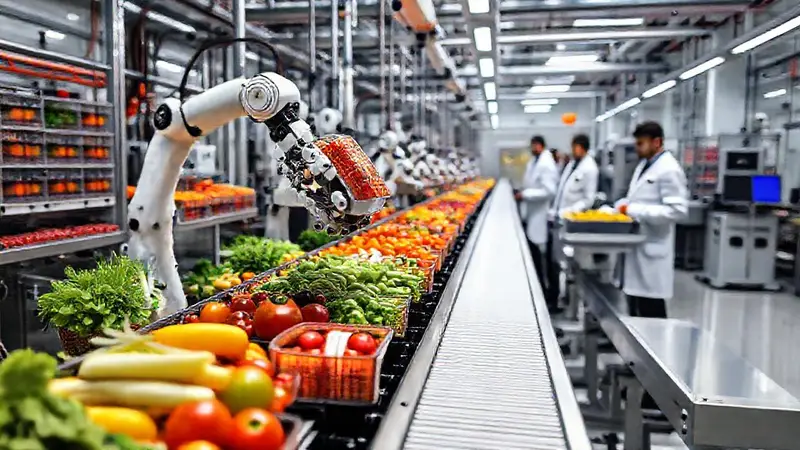 Brazo robótico ensambla productos alimenticios en fábrica