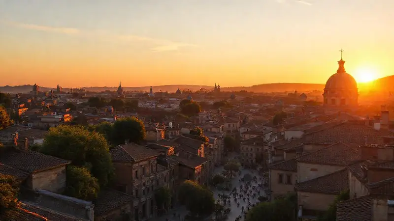 Ciudad antigua al atardecer con misterio
