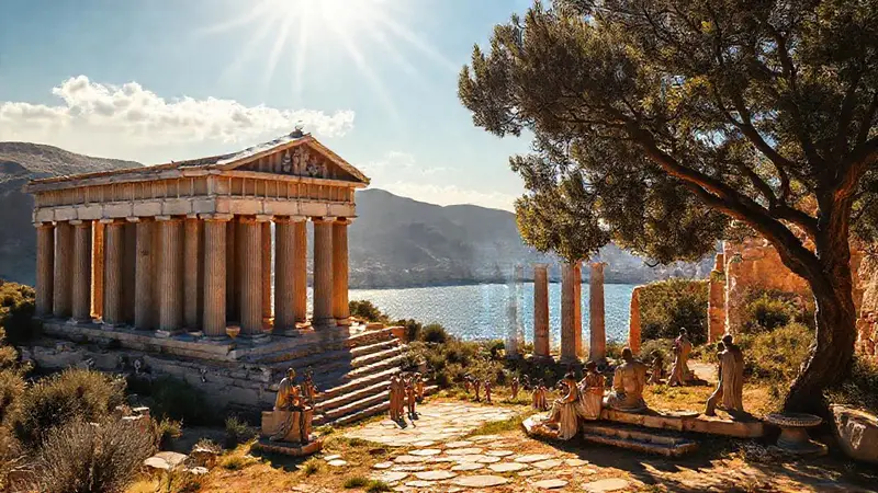 Arquitectura griega antigua en paisajes vibrantes