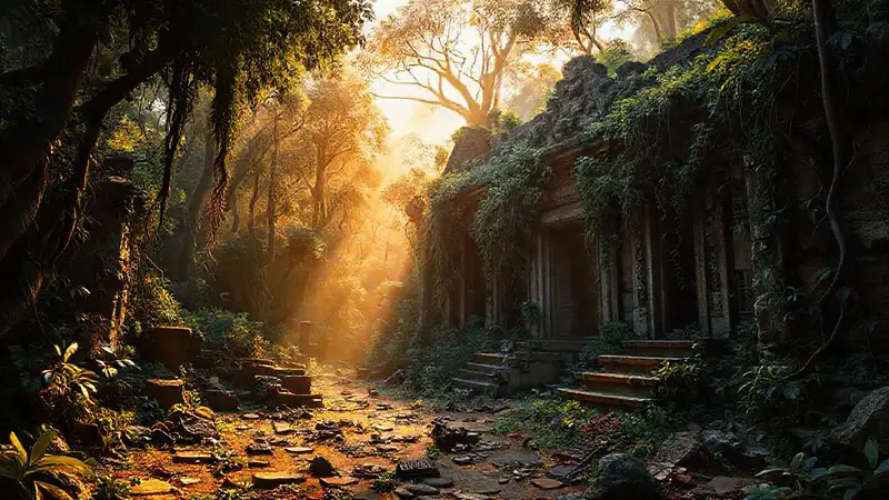 Ruinas antiguas en una selva exuberante