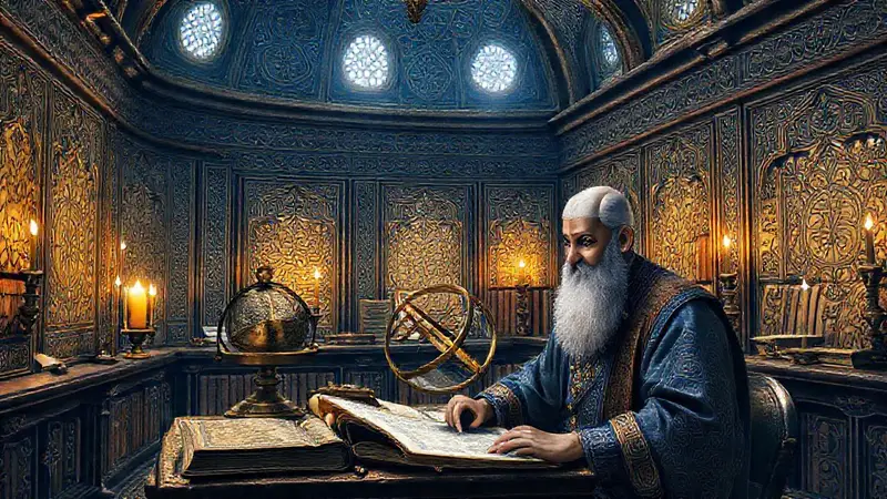 Erudito islámico rodeado de manuscritos antiguos