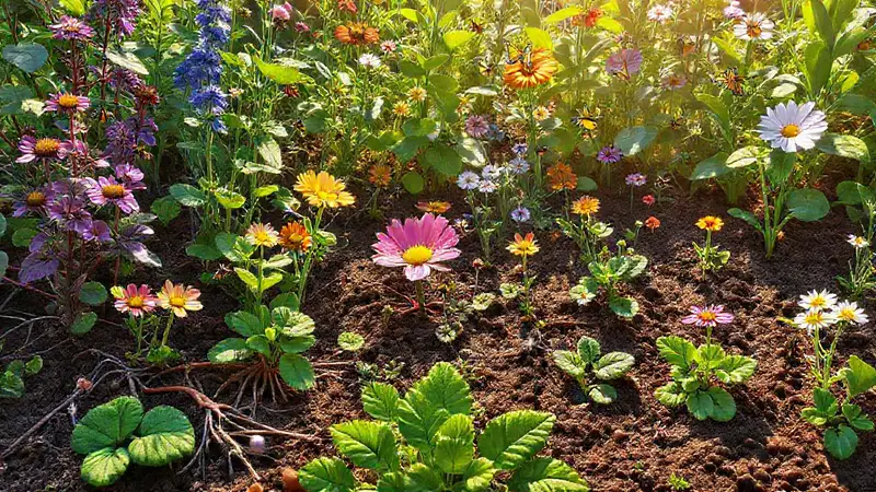 Jardín vibrante con plantas y vida diversa