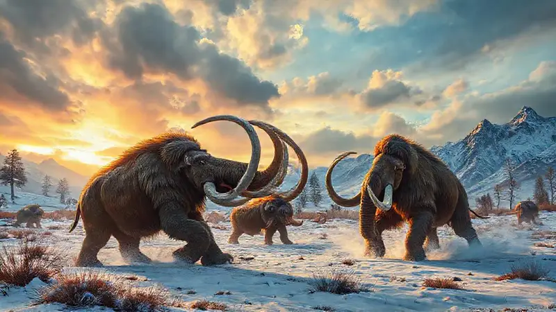 Mamuts luchando en un paisaje prehistórico