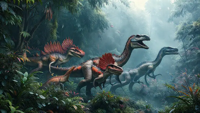 Dinosaurios vibrantes en una jungla prehistórica