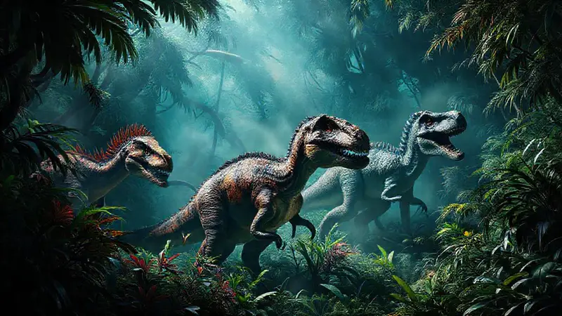 Dinosaurs en un ambiente jungla vibrante