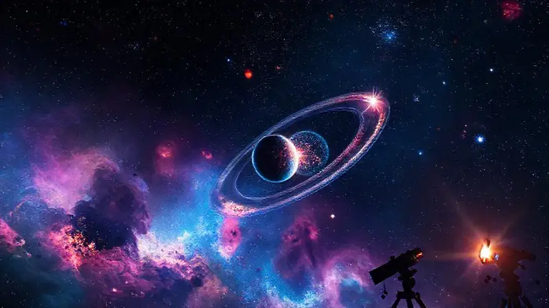 Dos estrellas orbitan en un espacio cósmico