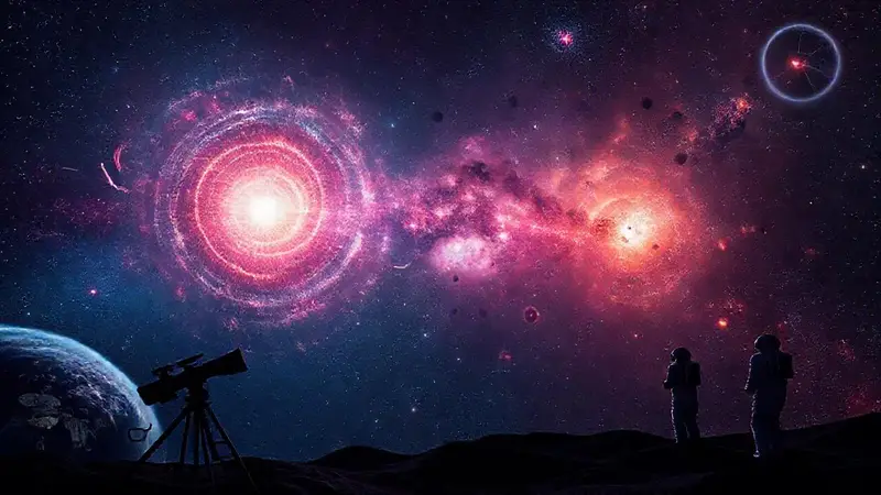 Estrellas binarias y astronautas en un cosmos vibrante