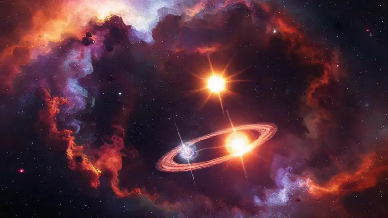Sistema estelar binario con nebulosas coloridas