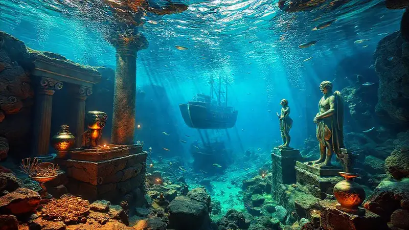 Excavación submarina con artefactos romanos y tesoros