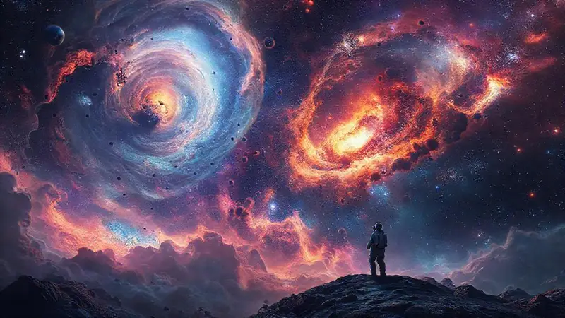 Astronauta solitario reflexiona en un vasto universo