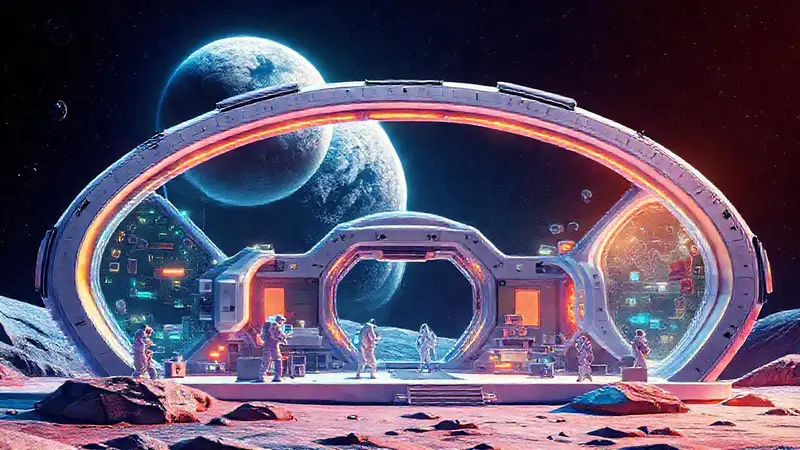 Estación lunar futurista con astronautas experimentando