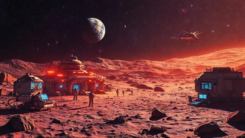 Base lunar futurista con astronautas y tecnología