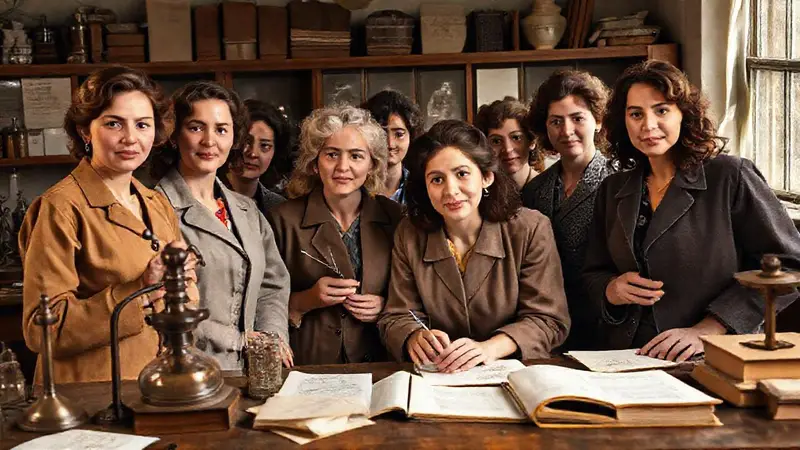 Mujeres científicas históricas en un laboratorio inspirador