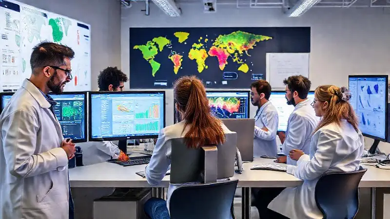 Científicos colaboran en laboratorio analizando datos climáticos