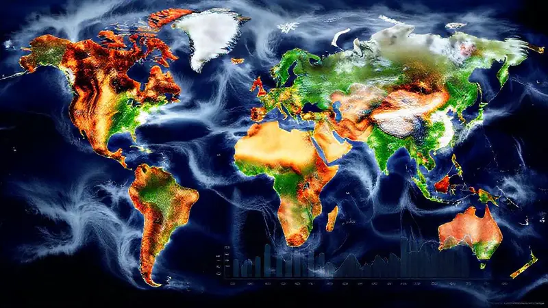 Mapa mundial con climas contrastantes y datos