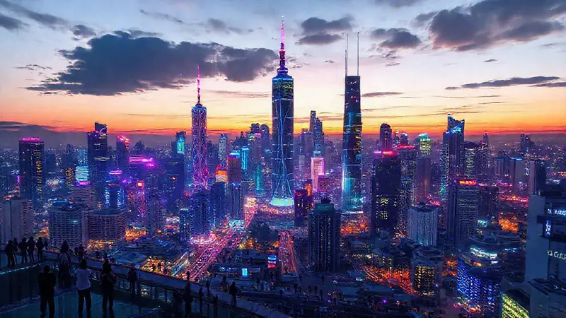 Ciudad futurista con tecnología y dinámica vibrante