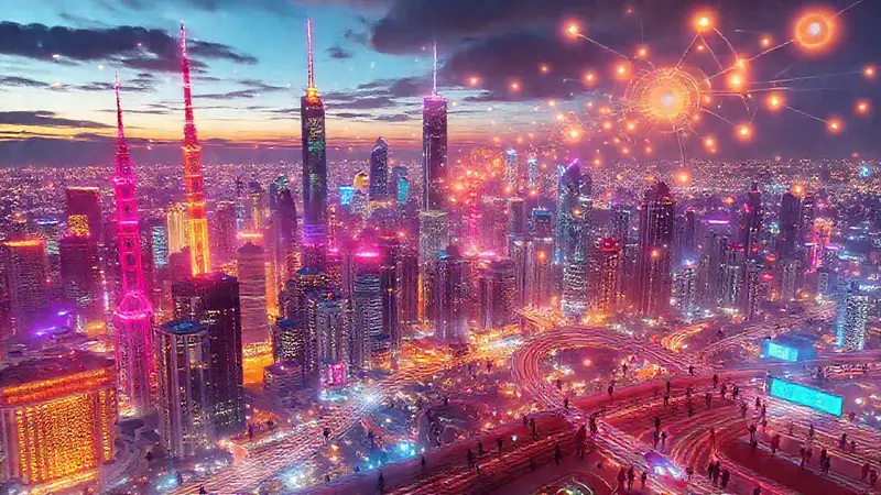 Ciudad futurista con tecnología vibrante y conexión