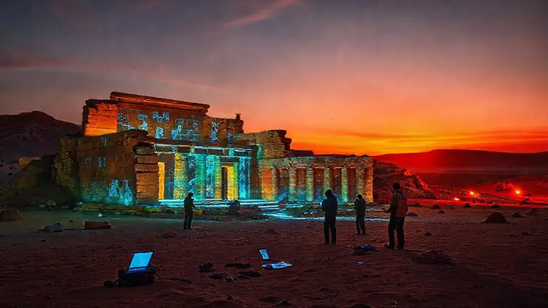 Ruinas antiguas iluminadas con tecnología holográfica
