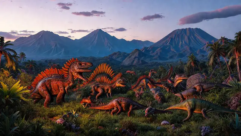 Reptiles antiguos en un paisaje prehistórico vibrante