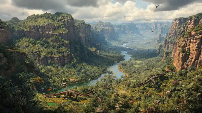 Paisaje paleozoico con biodiversidad y reptiles antiguos