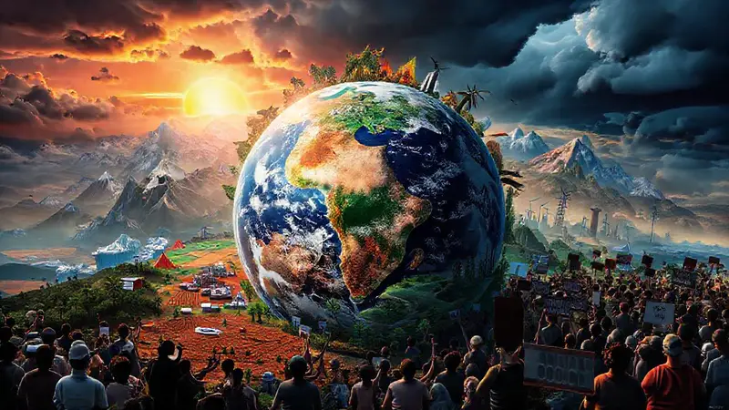Globo terrestre entre paisajes y crisis climática