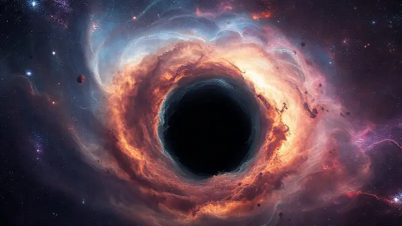 Agujero negro rodeado de nebulosas y galaxias