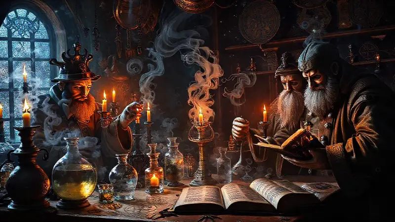 Alquimistas antiguos en laboratorio lleno de magia
