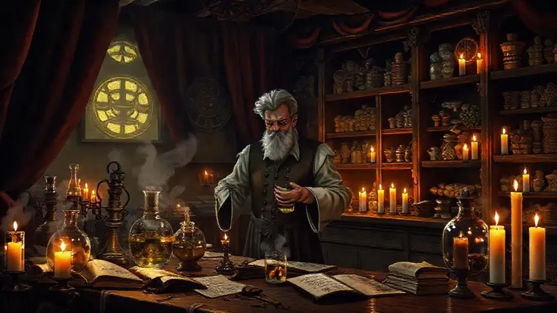 Alquimista trabaja en laboratorio misterioso y oscuro