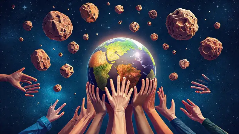 Globo rodeado de asteroides y manos diversas
