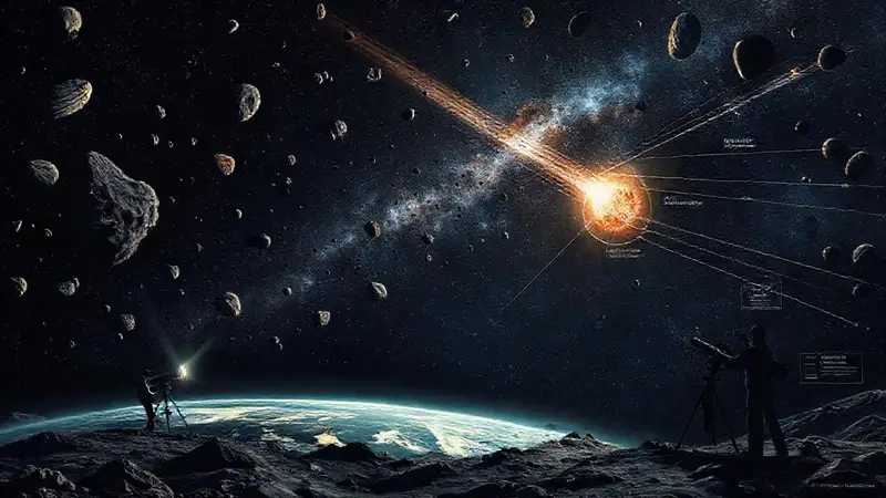 Cielo oscuro con asteroides y científicos alertas