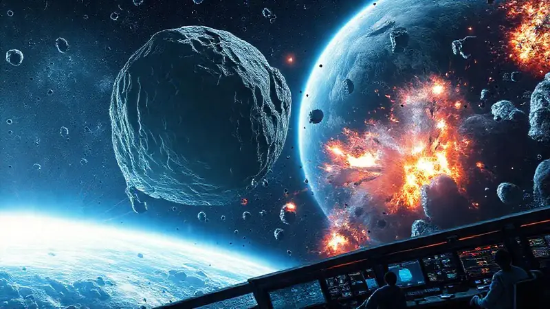Espacio dramático con asteroides y científicos