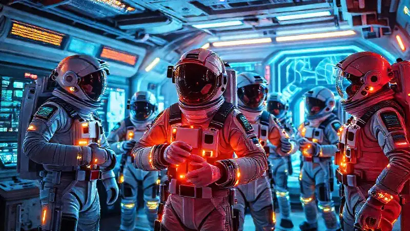 Astronautas futuristas entrenan en instalaciones avanzadas