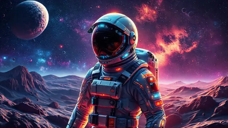 Astronauta futurista en un paisaje planetario vibrante