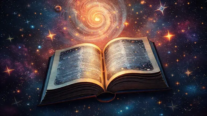 Libro abierto entre estrellas y galaxias vibrantes
